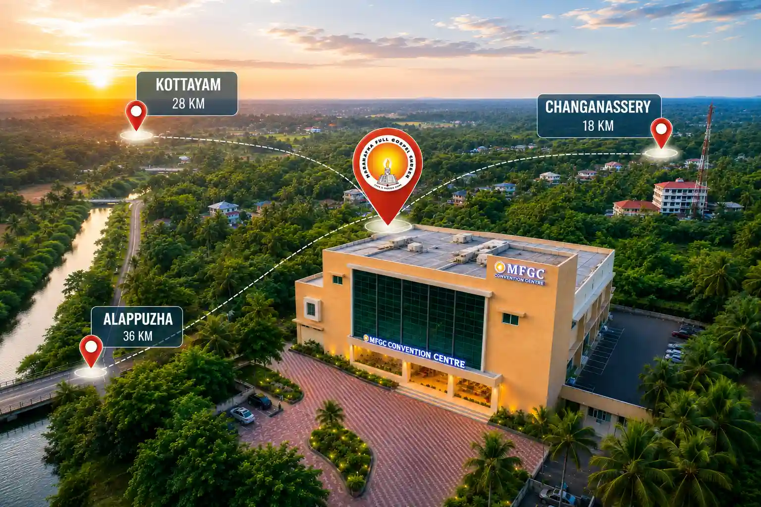 Aerial-view-of-MFGC-Convention-Centre-in-Thiruvalla-showing-its-central-location-with-map-markers-connecting-Kottayam-Changanassery-and-Alappuzha.